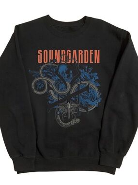 Black Crewneck Sweatshirt with Orange Soundgarden Logo and Blue Graphic